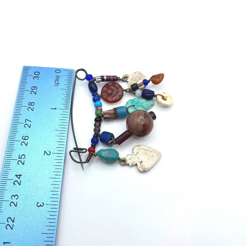 Vintage Fetish Brooch Mixed Media Charm Safety‎ Pin Glass Bead Celestial Heart
